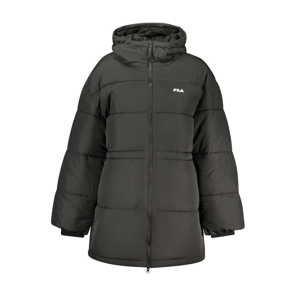 Black Fila women's polyester jacket with a sleek design, featuring a zip-up front and sporty style.