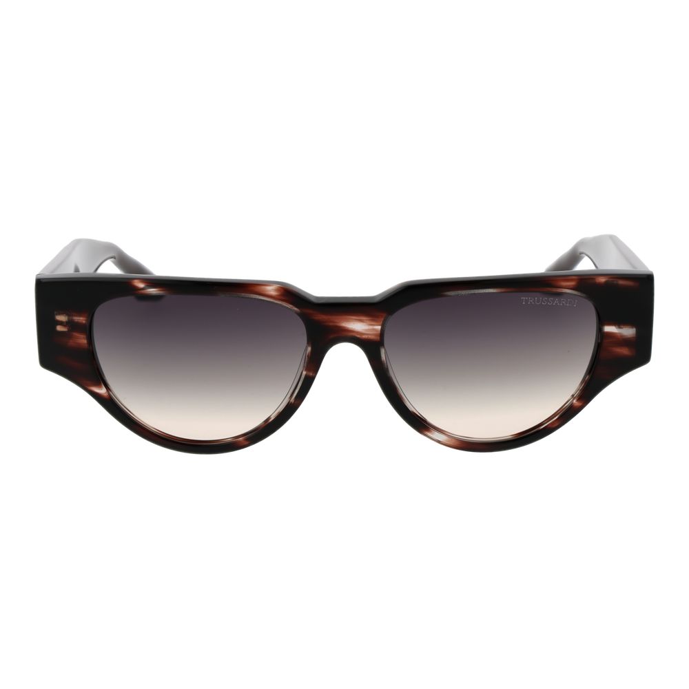 Trussardi brown acetate sunglasses with rounded frames and dark tinted lenses, stylish eyewear for a modern look.
