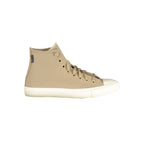 Beige leather Converse unisex sneaker with white rubber sole and classic lace-up design, shown from a side view.