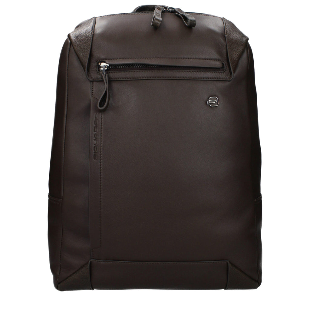 Brown leather backpack by Piquadro featuring multiple compartments and adjustable straps for stylish everyday use.