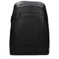 Piquadro black leather backpack with adjustable shoulder straps and multiple compartments, stylish and functional for everyday use.