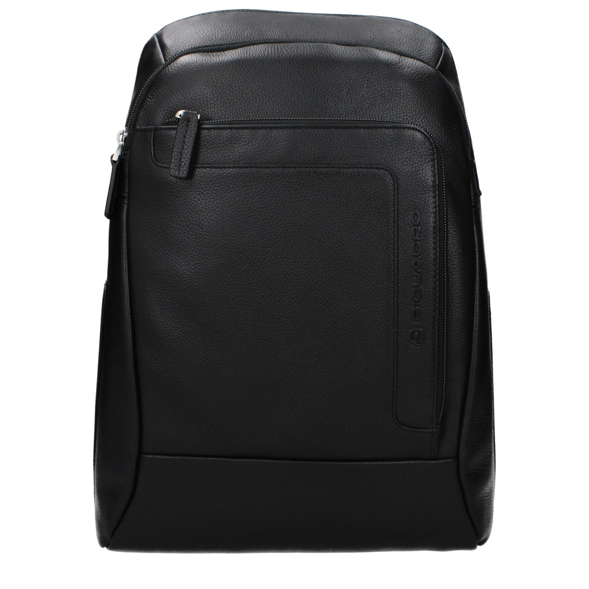Piquadro black leather backpack with adjustable shoulder straps and multiple compartments, stylish and functional for everyday use.