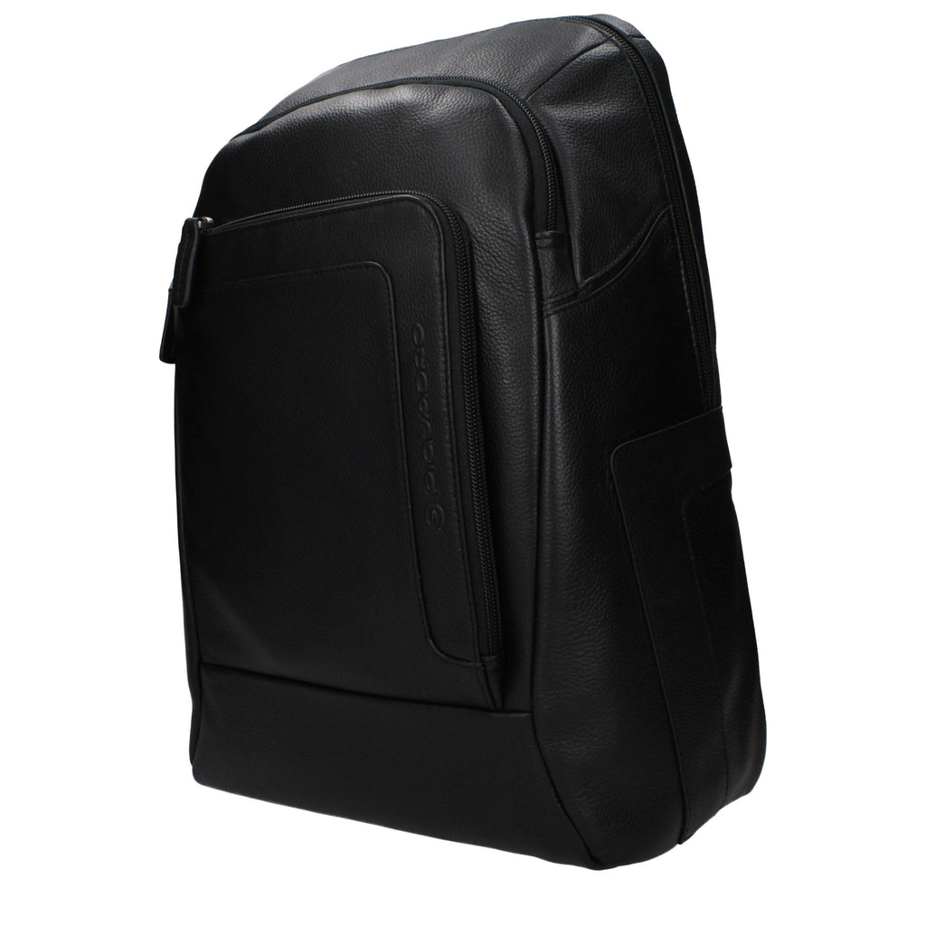 Piquadro black leather backpack with adjustable shoulder straps, multiple compartments, and sleek, professional design.