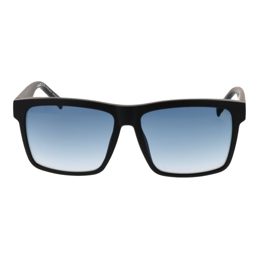Timberland black stainless steel sunglasses with dark tinted lenses and sleek frame design on white background.