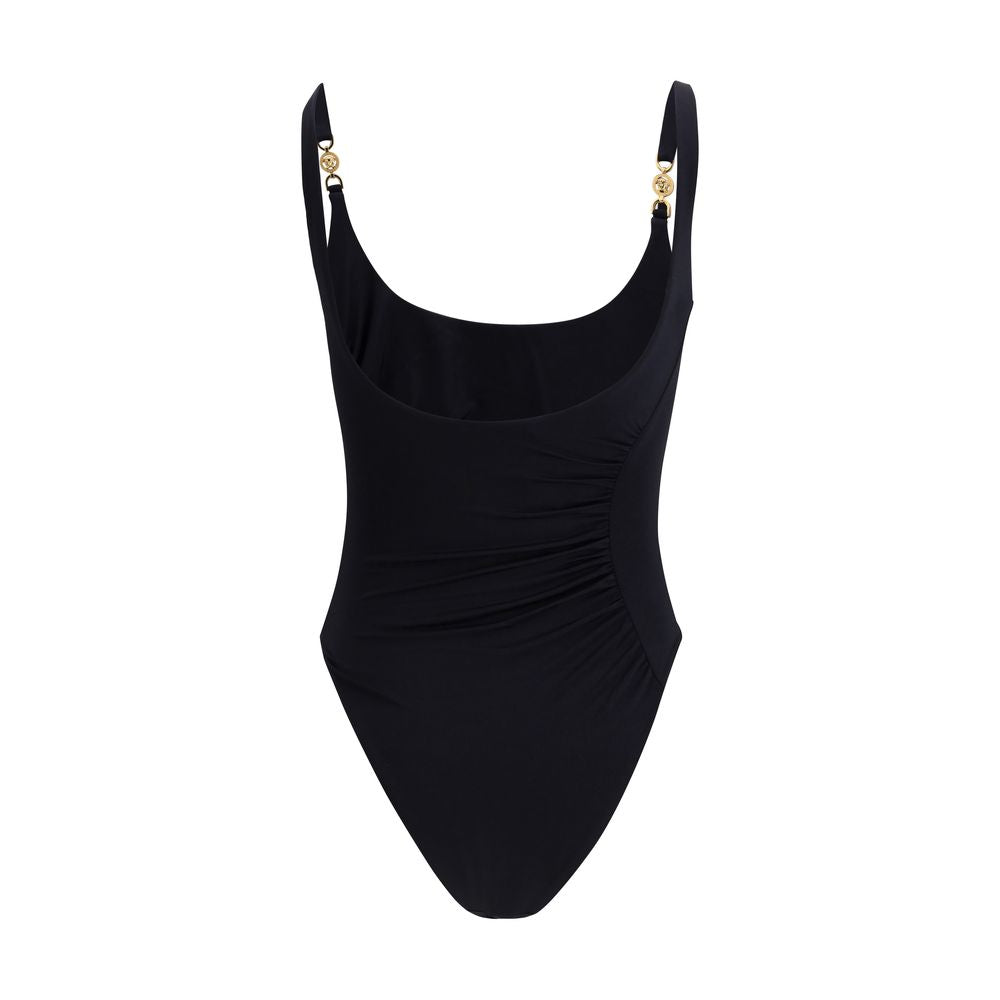 Versace black polyamide one-piece swimsuit with sleek design and subtle logo details, suitable for stylish swimwear.