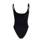 Versace black polyamide one-piece swimsuit with sleek design and subtle logo details, suitable for stylish swimwear.