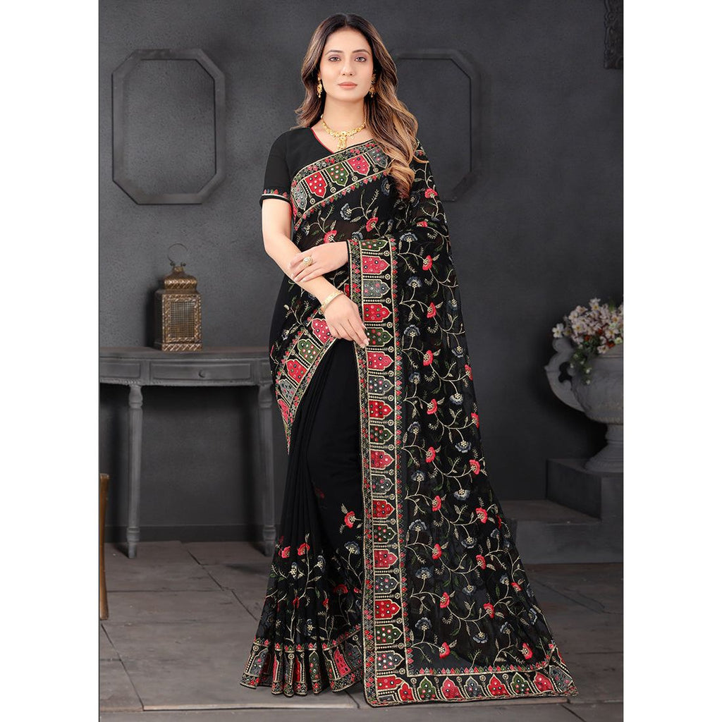 Georgette heavy embroidery Work Saree Black 1134