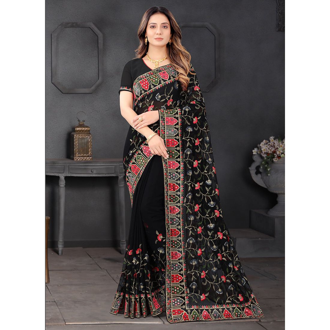 Georgette heavy embroidery Work Saree Black 1134