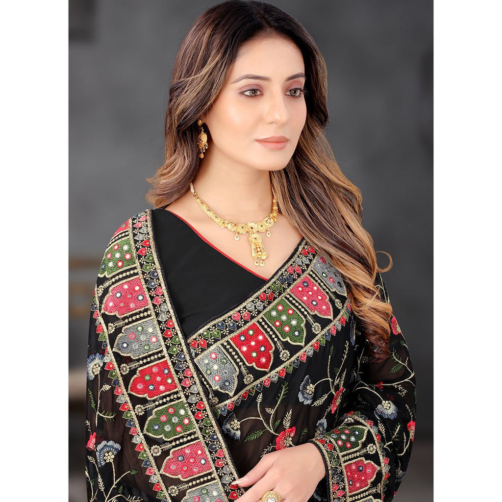 Georgette heavy embroidery Work Saree Black 1134