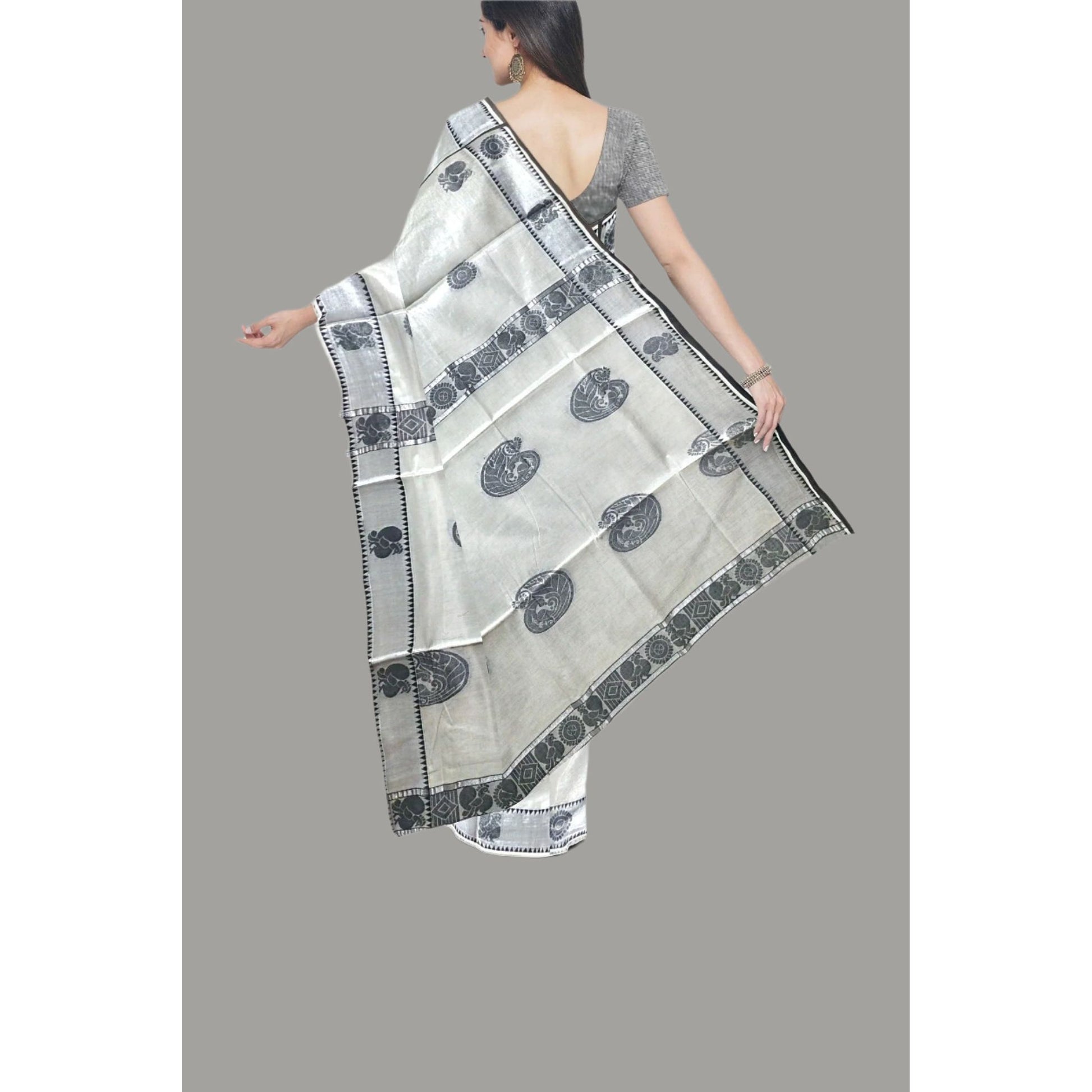 Handloom Tissue silk Silver Saree - Eljoys Fashion 