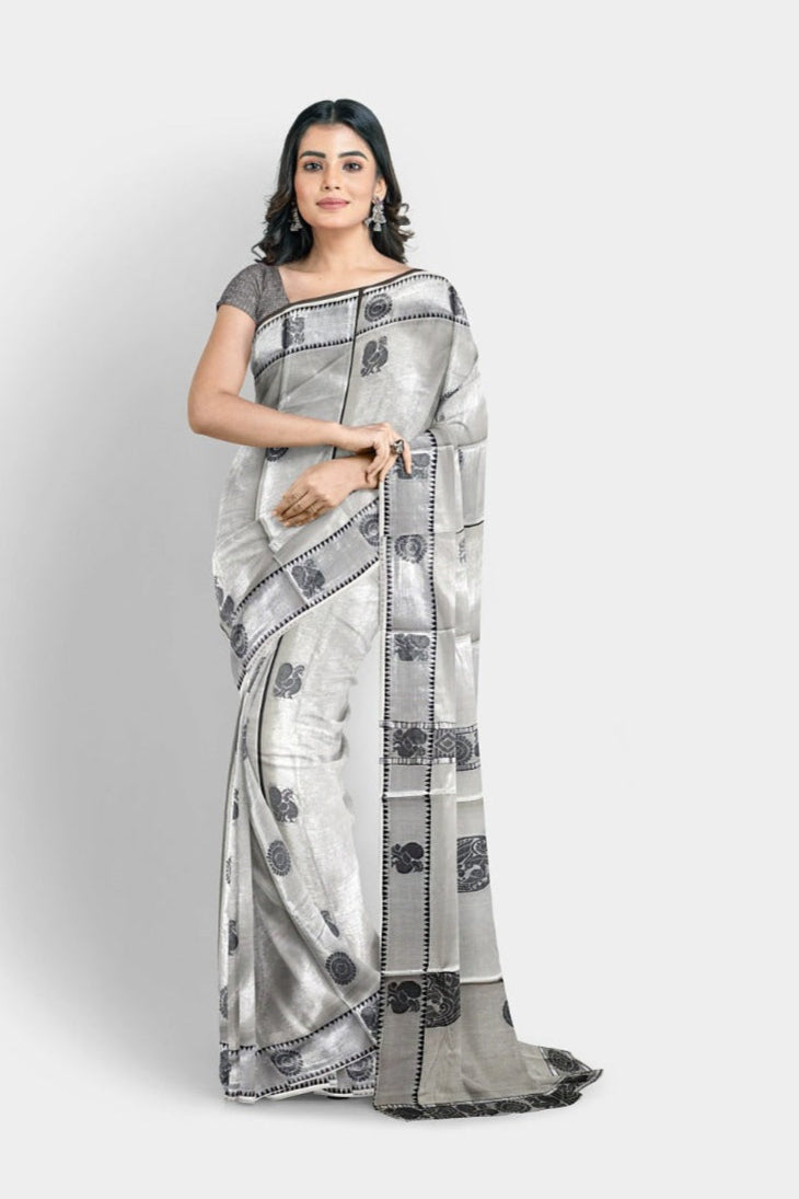 Handloom Tissue silk Silver Saree