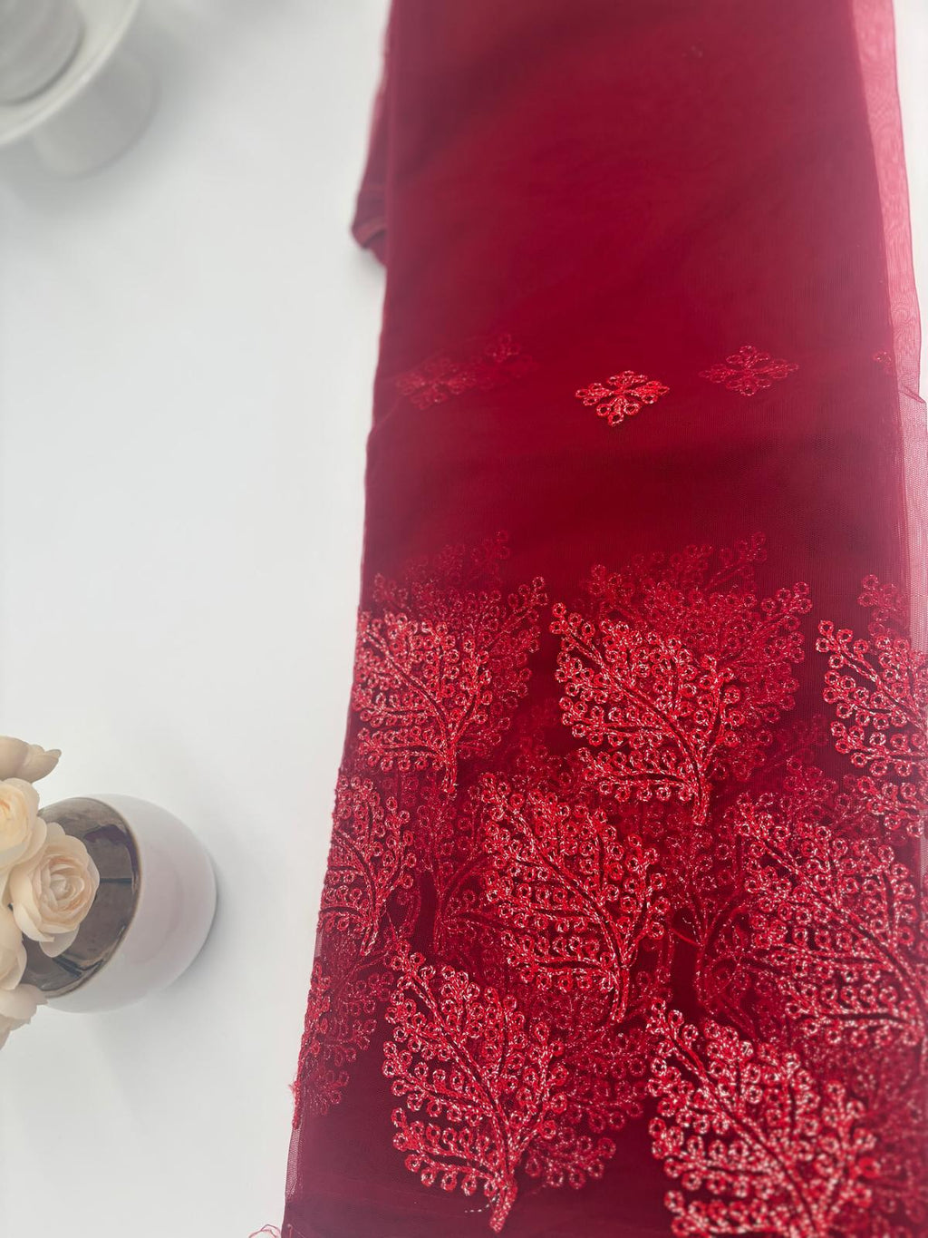Net Saree in Burgundy with Silver red embroidery 1163 Eljoys Fashion