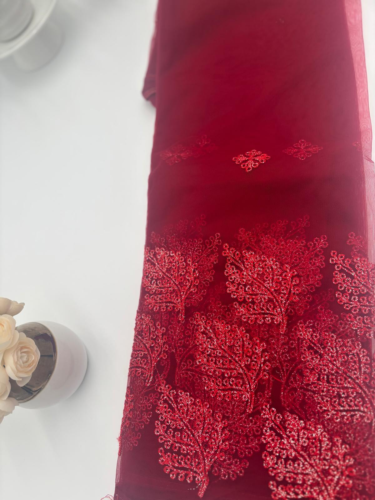 Net Saree in Burgundy with Silver red embroidery 1163 Eljoys Fashion