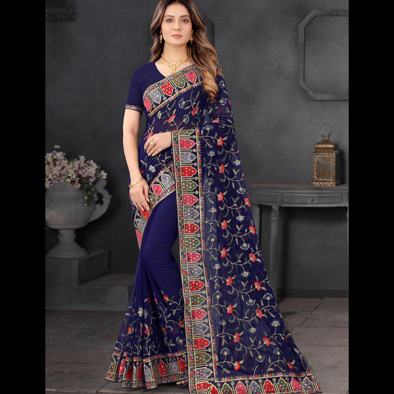Georgette blue embroidery Work Saree Blue 1133