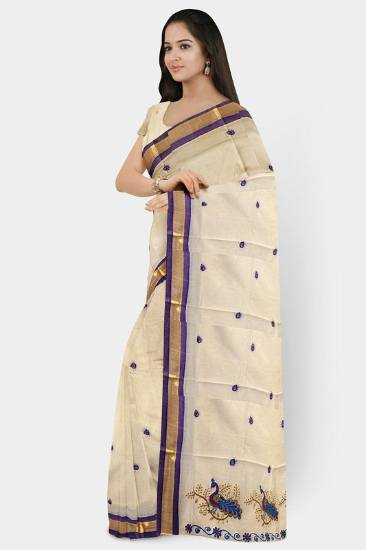 Traditional  South Indian Cotton Saree in Off white colour with violet and Gold Border - Eljoys Fashion 