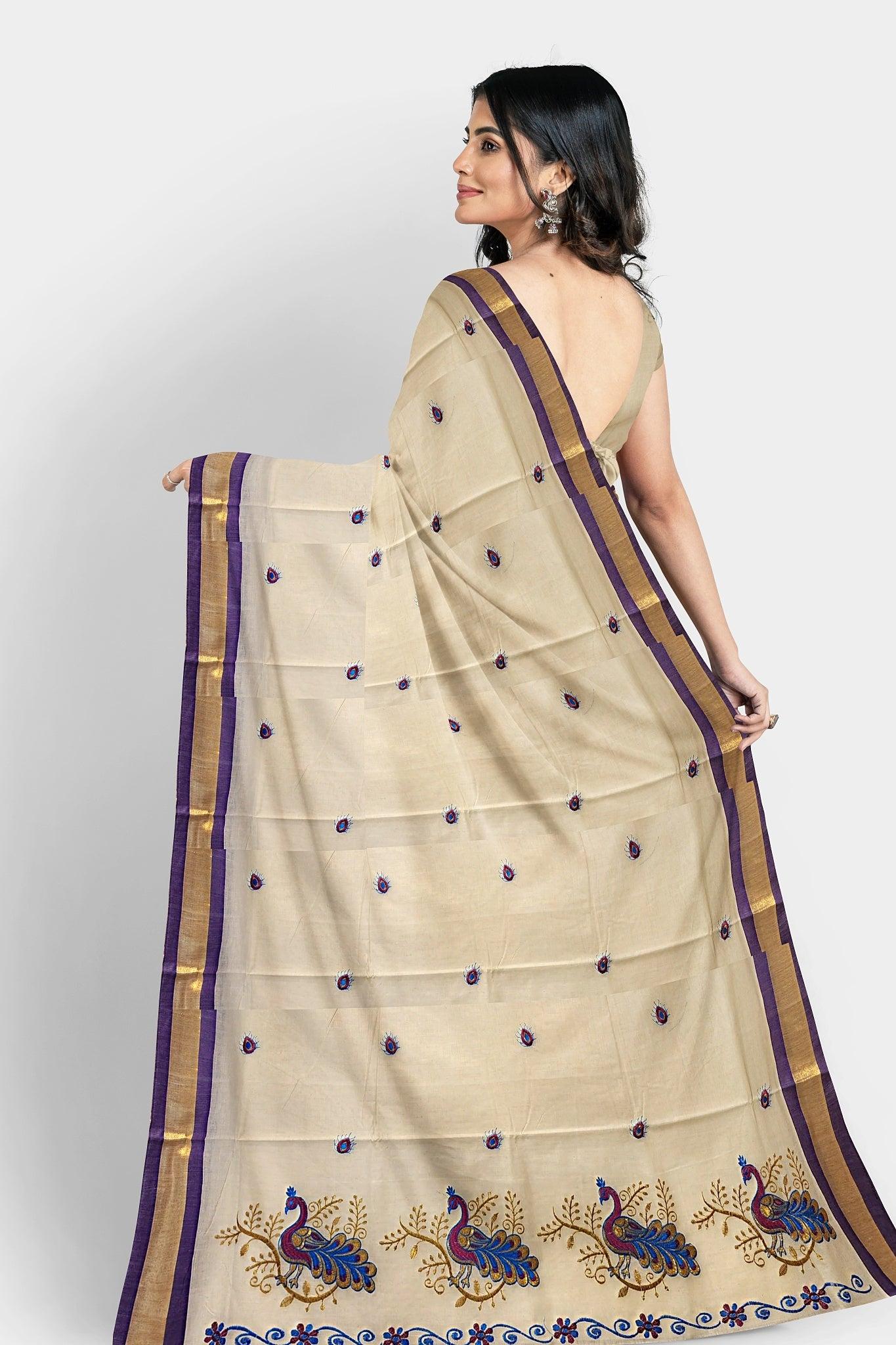 Traditional  South Indian Cotton Saree in Off white colour with violet and Gold Border - Eljoys Fashion 