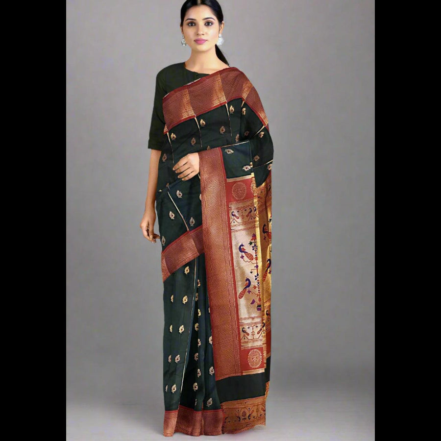 Paithani Soft Peshwai Designer Saree dark Green with Red border- 1125