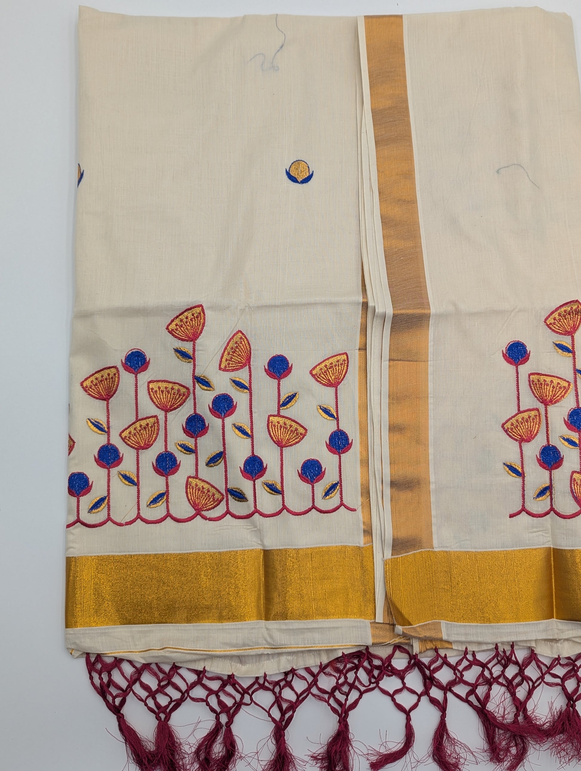 Tissue Silk saree with  floral design in blue,red and gold combo - Eljoys Fashion 