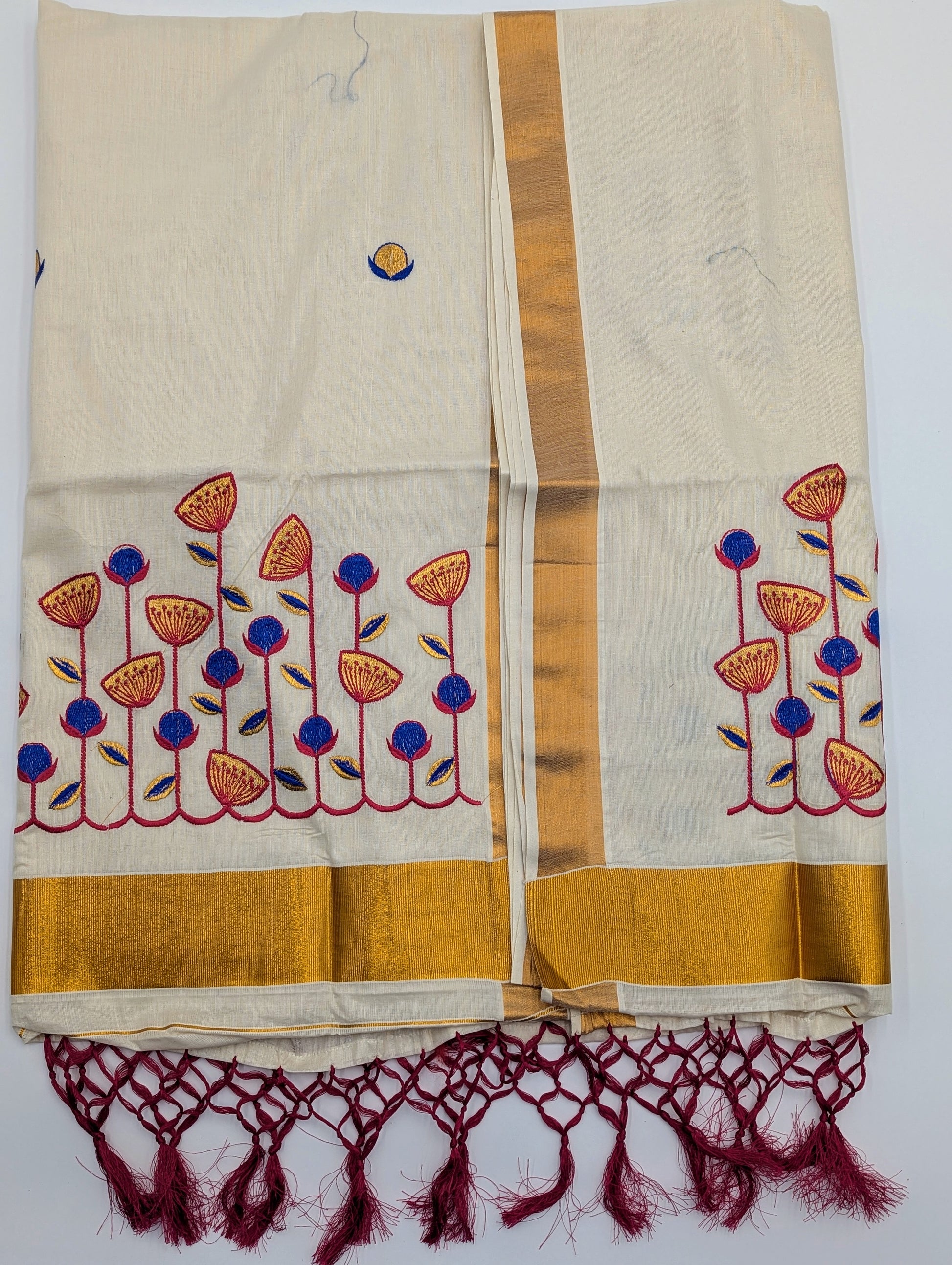 Tissue Silk saree with  floral design in blue,red and gold combo - Eljoys Fashion 