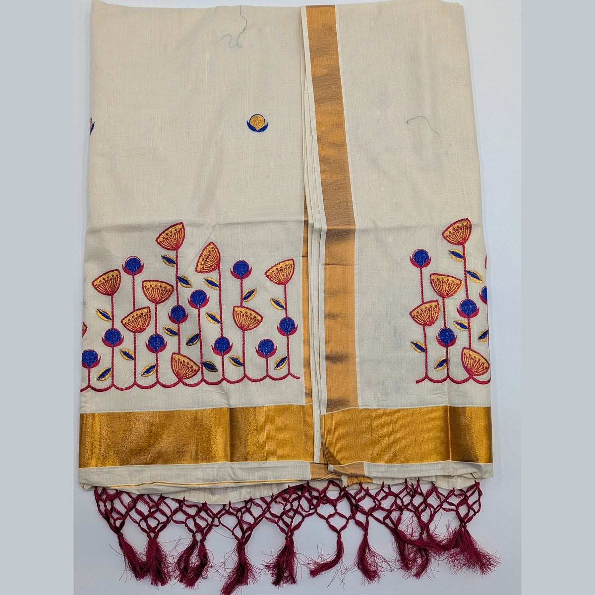 Tissue Silk saree with floral design in blue,red and gold combo Eljoys Fashion