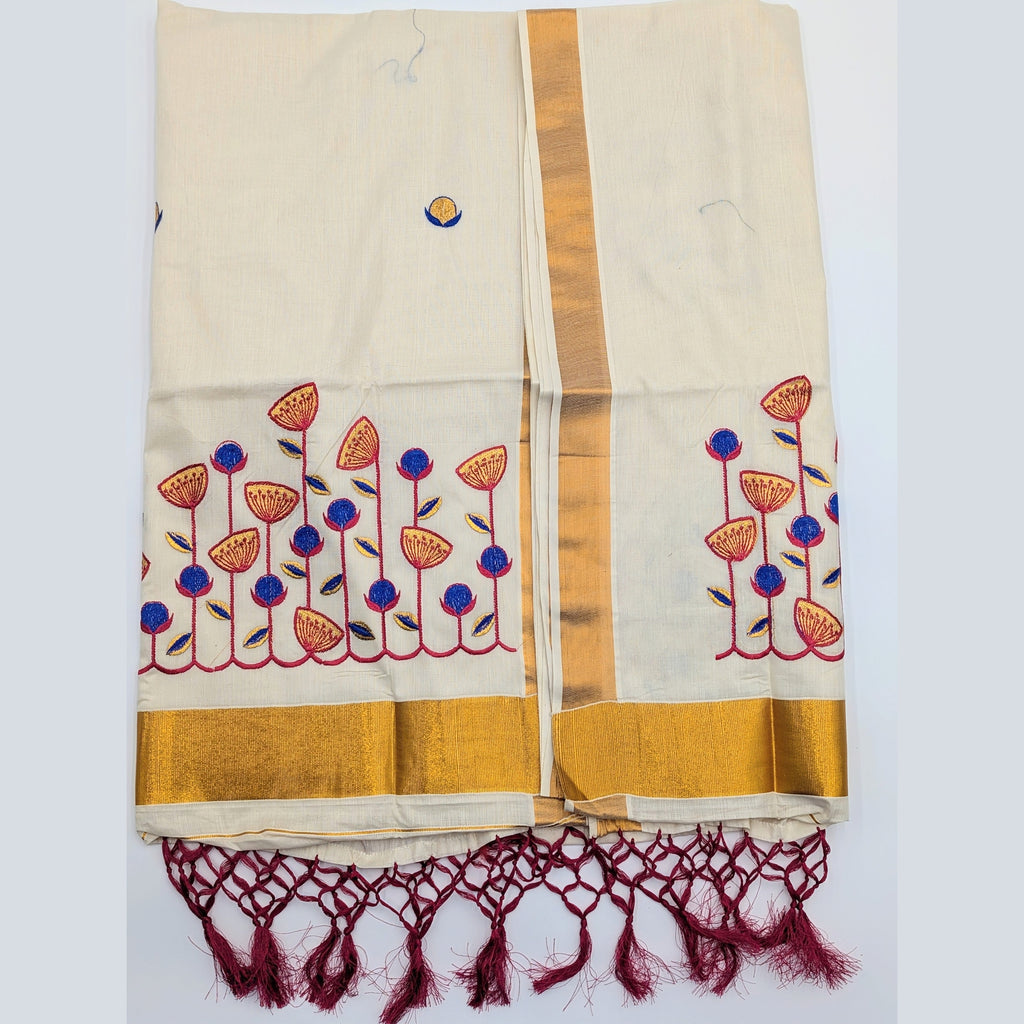 Tissue Silk saree with floral design in blue,red and gold combo Eljoys Fashion