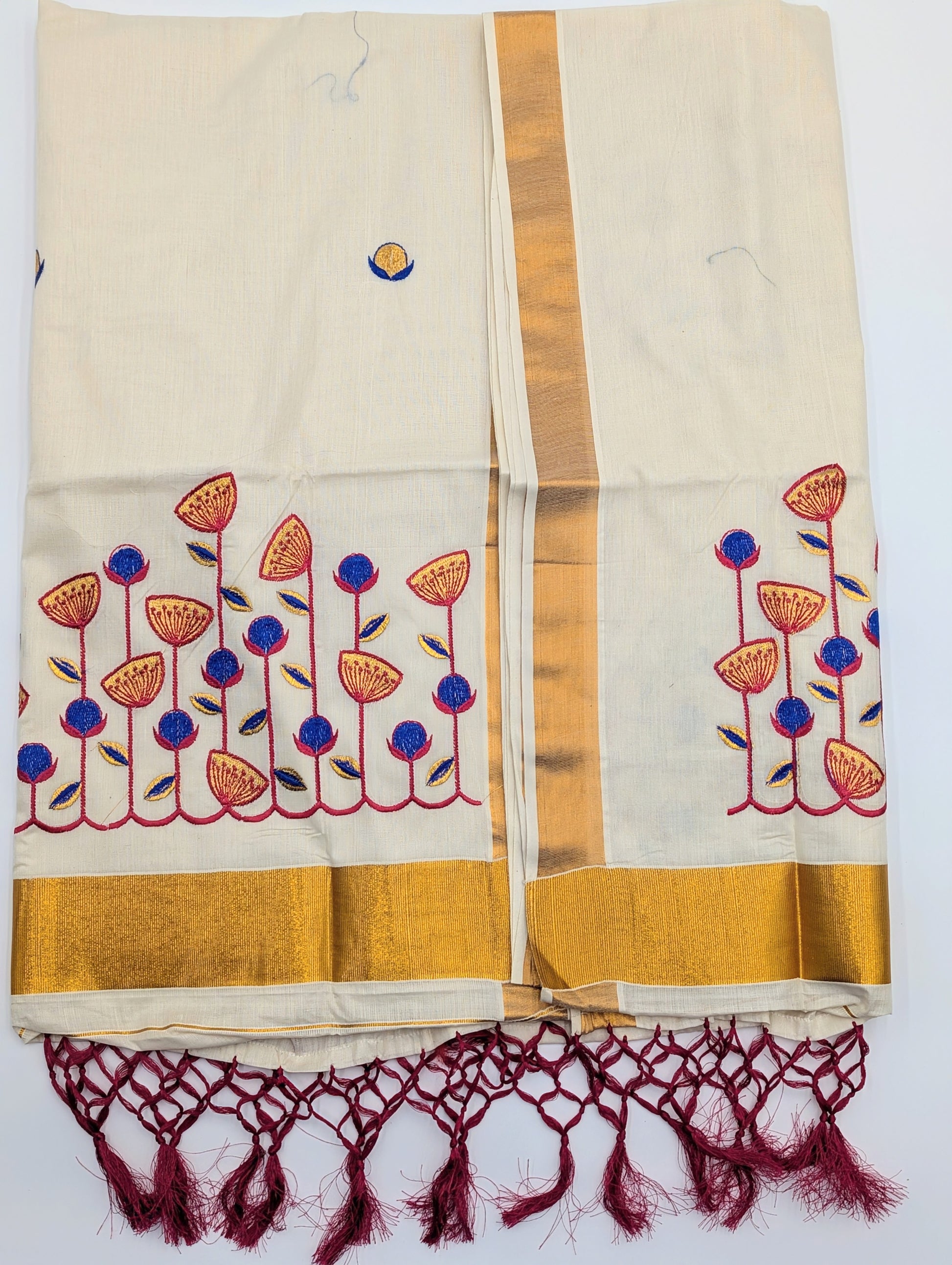 Tissue Silk saree with  floral design in blue,red and gold combo - Eljoys Fashion 