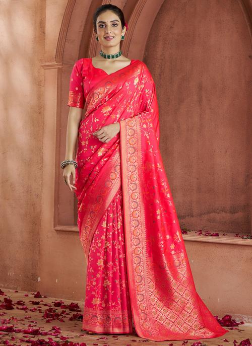 Banarasi Silk-Festival Wear Saree - Pinkish Red with Blouse and Skirt