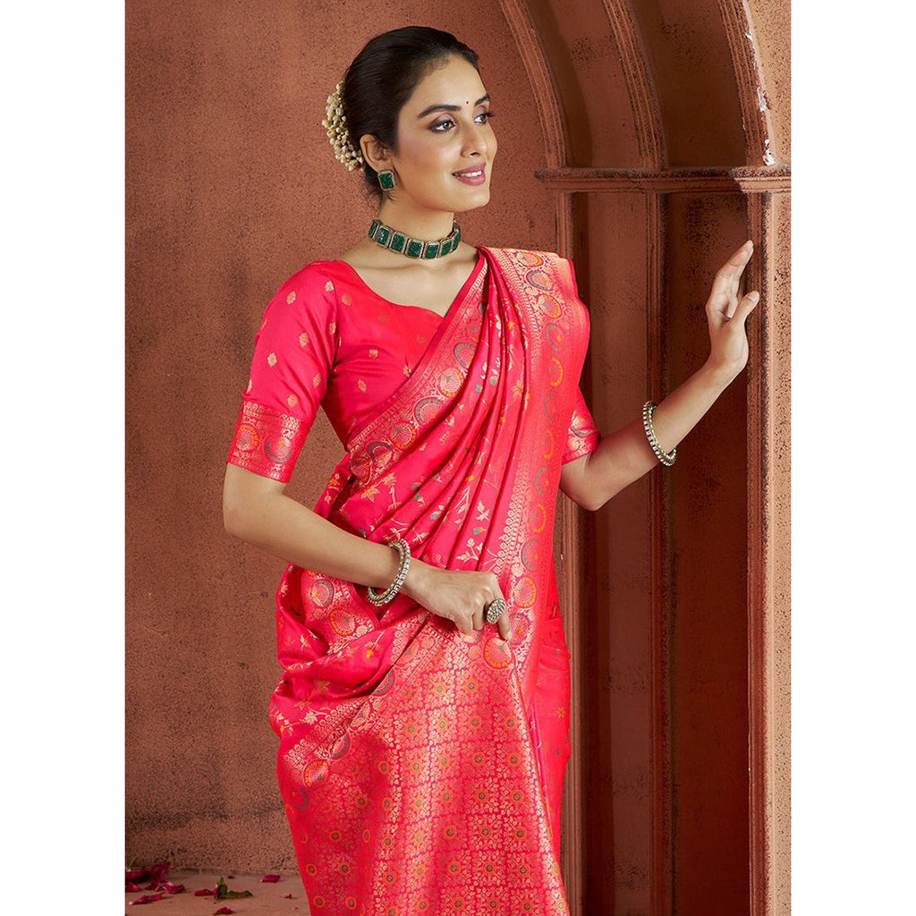 Banarasi Silk-Festival Wear Saree - Pinkish Red with Blouse and Skirt 1136 Eljoys Fashion