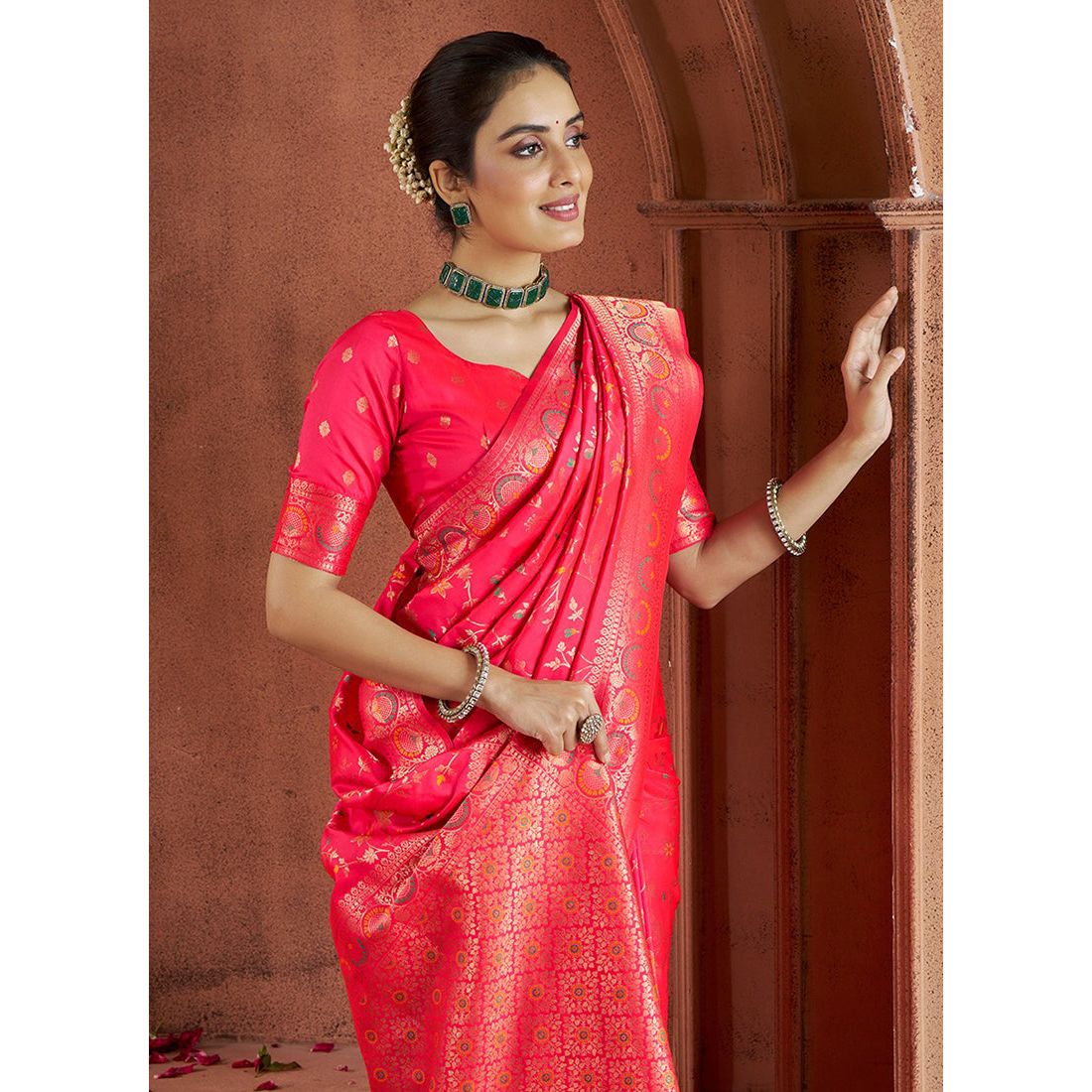 Banarasi Silk-Festival Wear Saree - Pinkish Red with Blouse and Skirt 1136 Eljoys Fashion