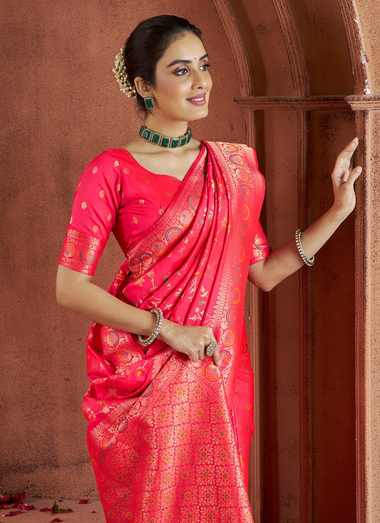 Banarasi Silk-Festival Wear Saree - Pinkish Red with Blouse and Skirt