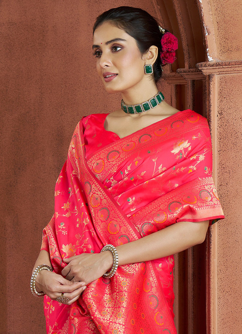 Banarasi Silk-Festival Wear Saree - Pinkish Red with Blouse and Skirt