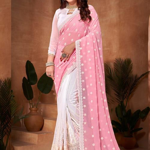 chiffon Embroidery Work Saree Pink 1130