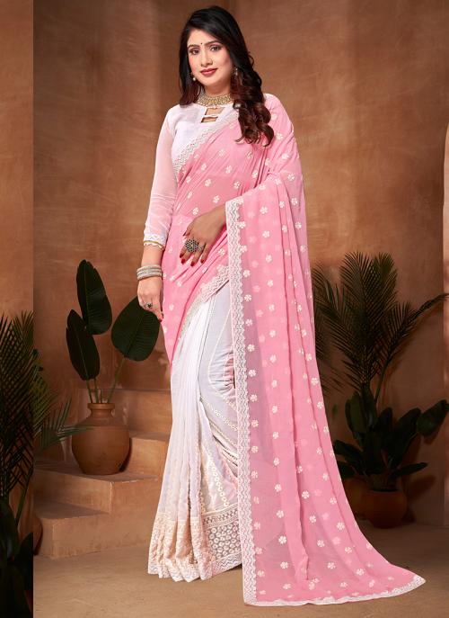 Georgette Festival Wear Embroidery Work Saree   Pink