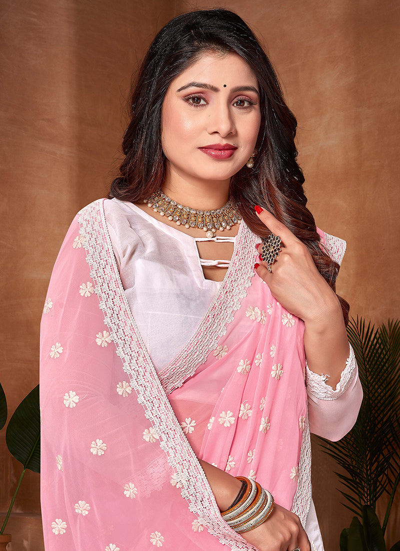 Georgette Festival Wear Embroidery Work Saree   Pink