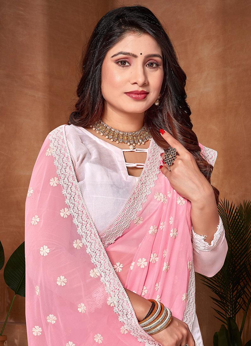 chiffon Embroidery Work Saree Pink 1130