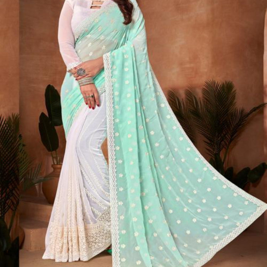 Chiffon Embroidery Work Saree- pistachio green - Ready to Wear 1131