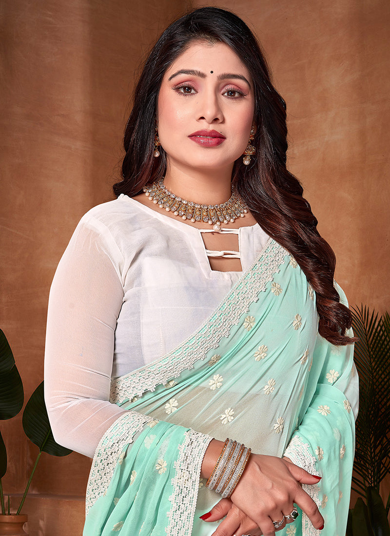 Georgette Festival Wear Embroidery Work Saree-Green -  Ready to Wear