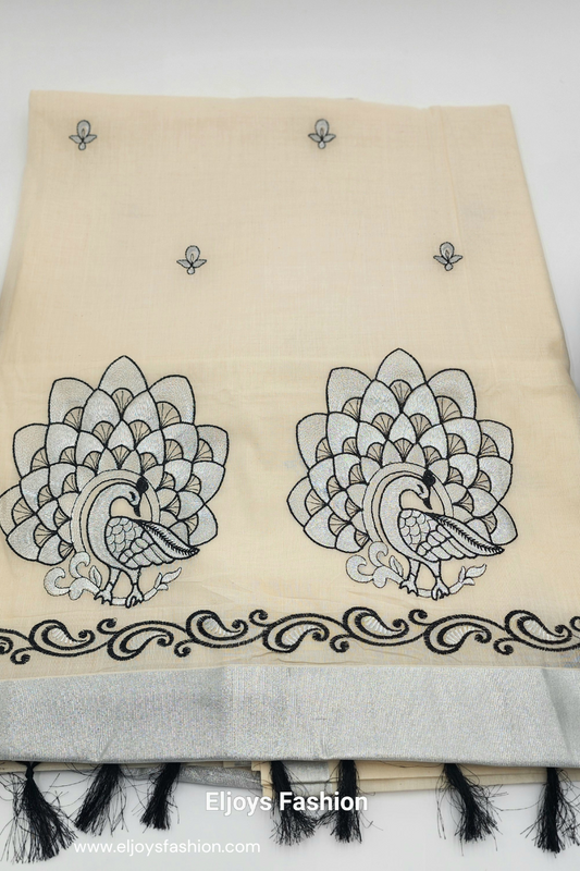 Tissue Silk South Indian Saree - Peacock design Cream and black combo