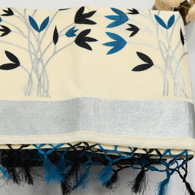 Tissue Silk Saree featuring Silver, Blue and Black floral design with Silver border. Eljoys Fashion