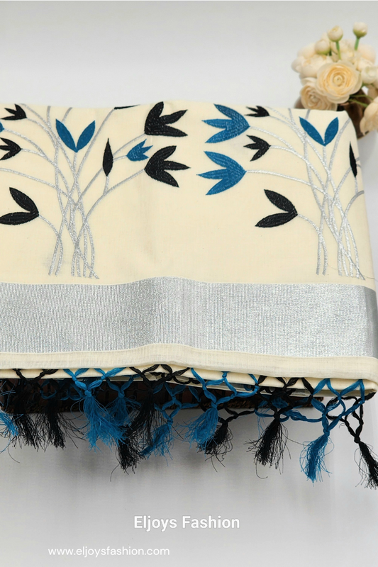 Tissue Silk Saree featuring Silver, Blue and Black floral design with Silver border.