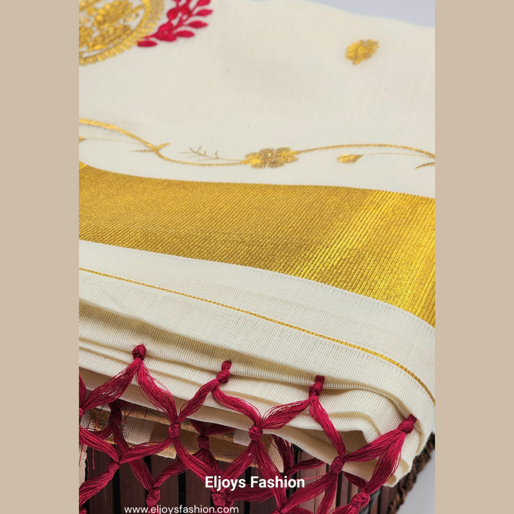 Tissue Silk Saree in Royal gold and red Floral design with Royal gold border Eljoys Fashion