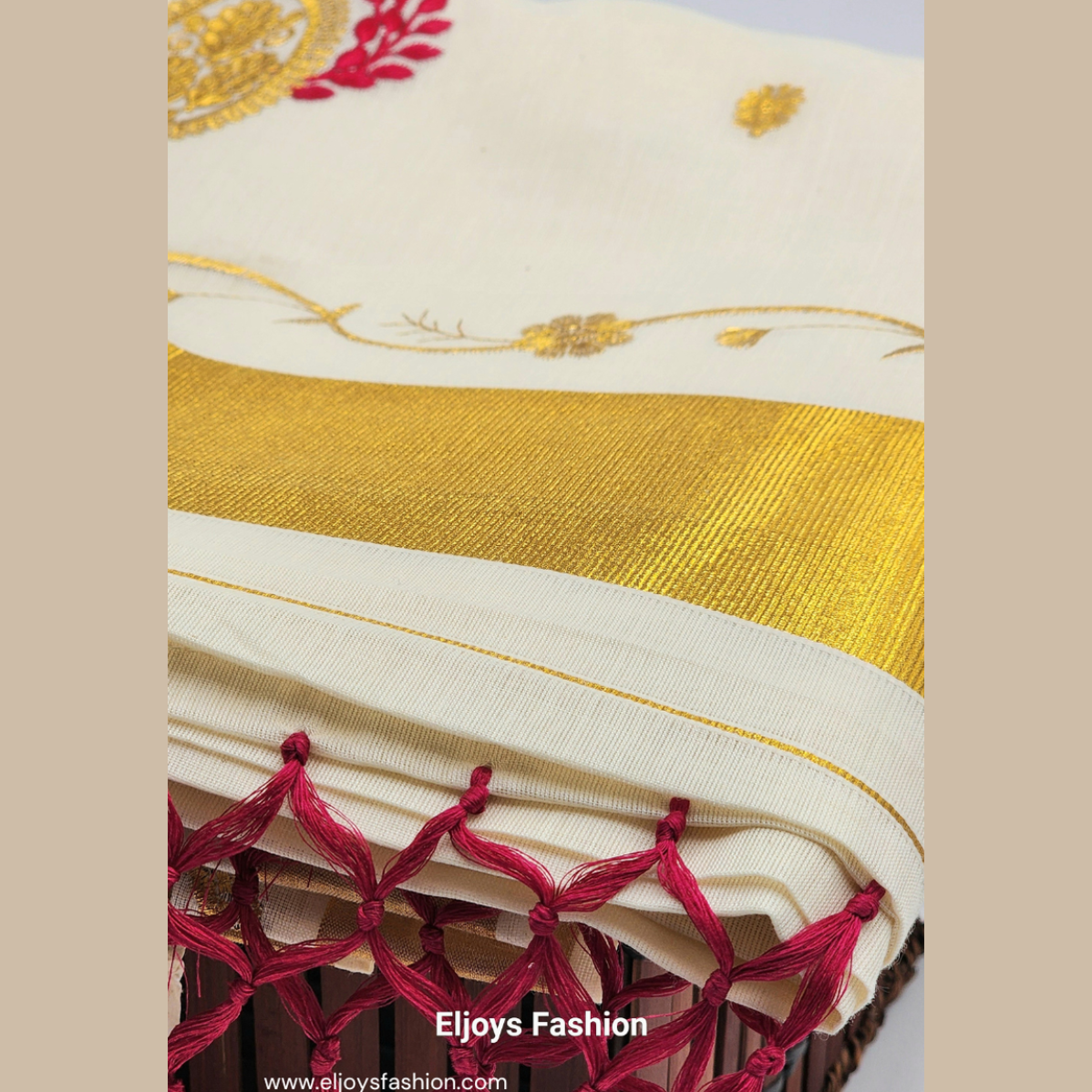 Tissue Silk Saree in Royal gold and red Floral design with Royal gold border Eljoys Fashion