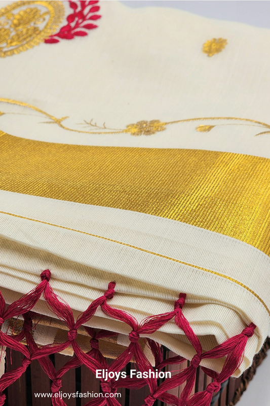 Tissue Silk Saree in Royal gold and red Floral design with Royal gold border