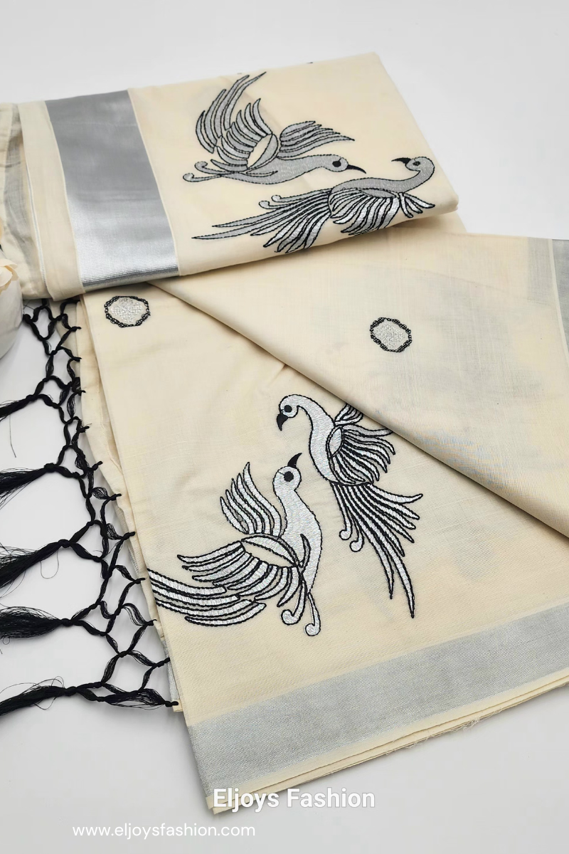 Tissue Silk South Indian Saree - birds design silver and black combo