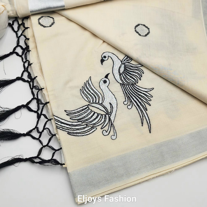 Tissue Silk South Indian Saree - birds design silver and black combo Eljoys Fashion
