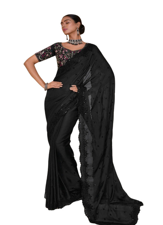 Chiffon saree with sequence and bead work  Black