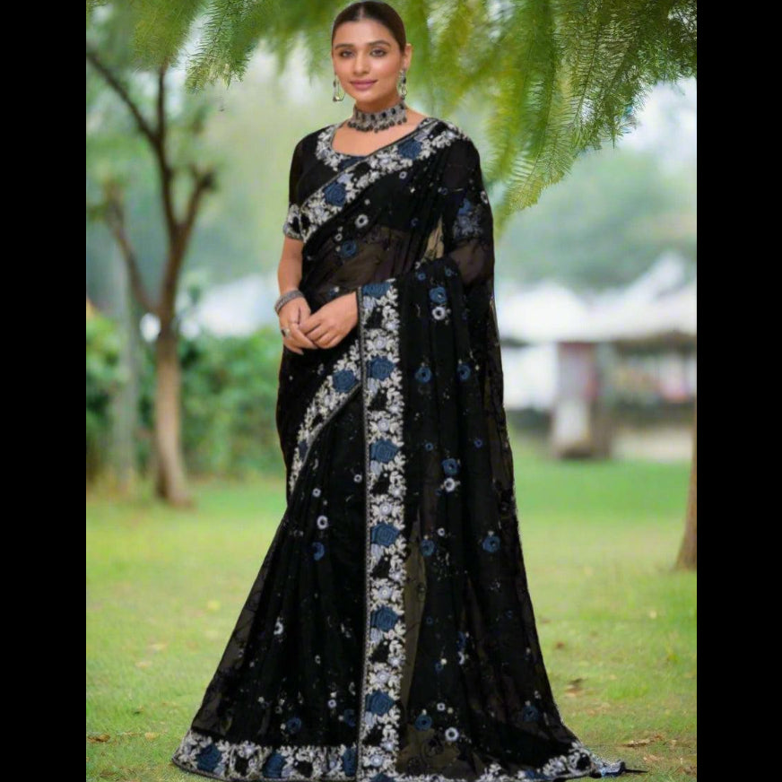Georgette Saree - bead work and embroidery Black 1120