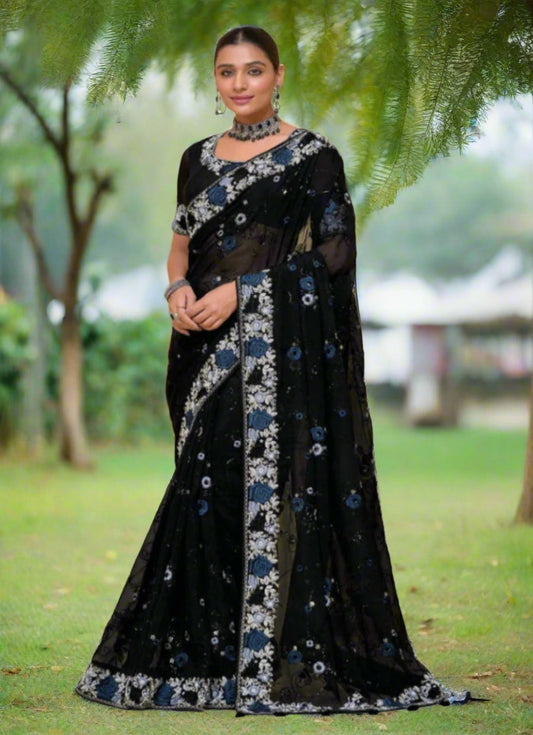 Georgette  Saree - Embroidery work  Black
