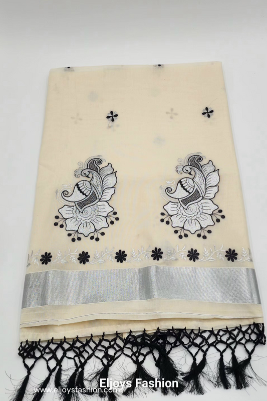 Tissue Silk South Indian Saree - Peacock floral design in Silver and black