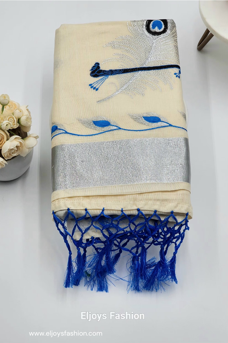 Tissue silk saree Silver and blue  coverts design with blue silver floral borders